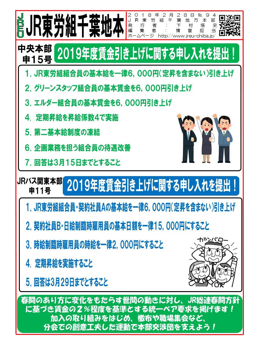【JR東労組本部】【JRバス関東本部】2019年度賃金引き上げに関する申し入れを提出！