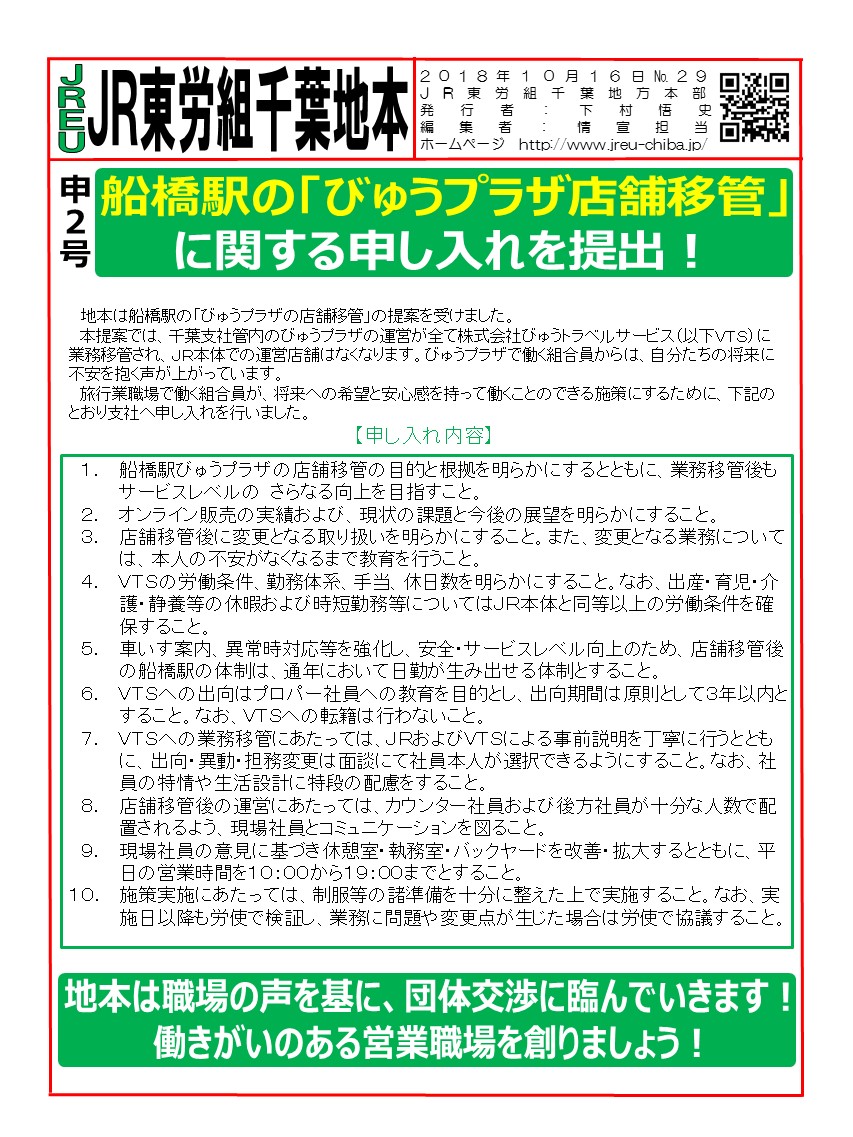 船橋駅びゅうプラザ「店舗移管」に関する申し入れを提出しました！