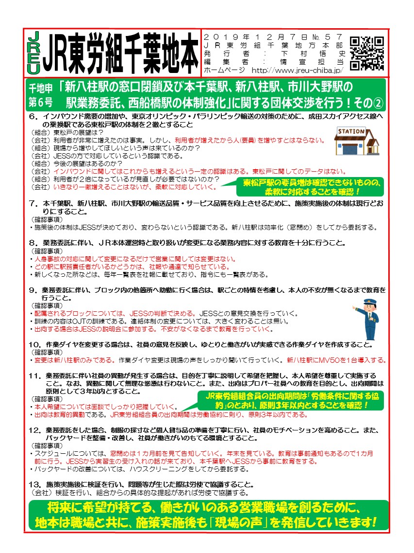 申6号「新八柱駅の窓口閉鎖及び本千葉駅、新八柱駅、市川大野駅の駅業務委託、西船橋駅の体制強化」に関する団体交渉を行う！その②