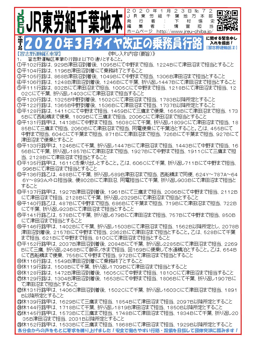申10号2020年3月ダイヤ改正の乗務員行路に関する緊急申し入れを提出！【習志野運輸区②】