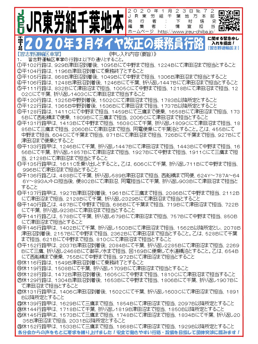 申10号2020年3月ダイヤ改正の乗務員行路に関する緊急申し入れを提出！【習志野運輸区②】