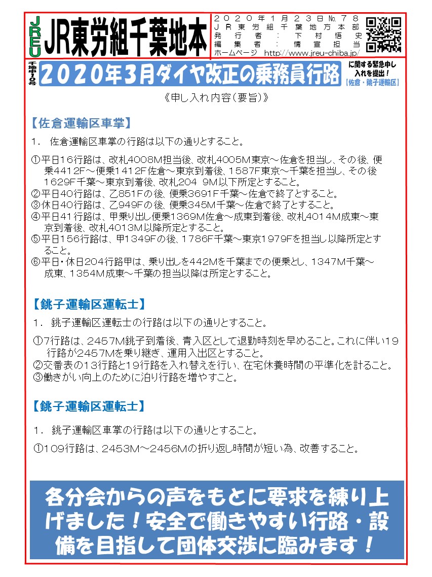 申10号2020年3月ダイヤ改正の乗務員行路に関する緊急申し入れを提出！【佐倉運輸区②・銚子運輸区】