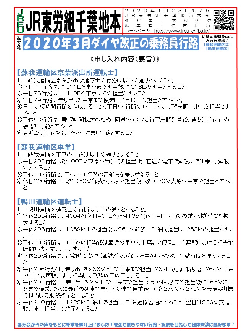 申10号2020年3月ダイヤ改正の乗務員行路に関する緊急申し入れを提出！【蘇我運輸区②・鴨川運輸区】