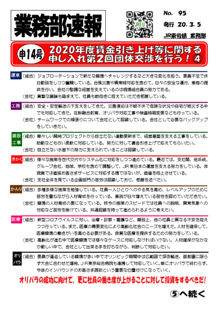 【JR東日本】2020年度賃金引き上げ等に関する申し入れ　第2回団体交渉を行いました！④