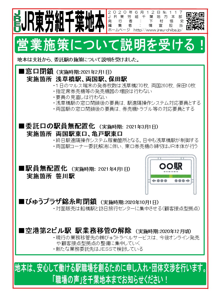 営業施策について説明を受ける！（窓口閉鎖、駅員無配置化、びゅうトラベルサービス関係職場の変更等）