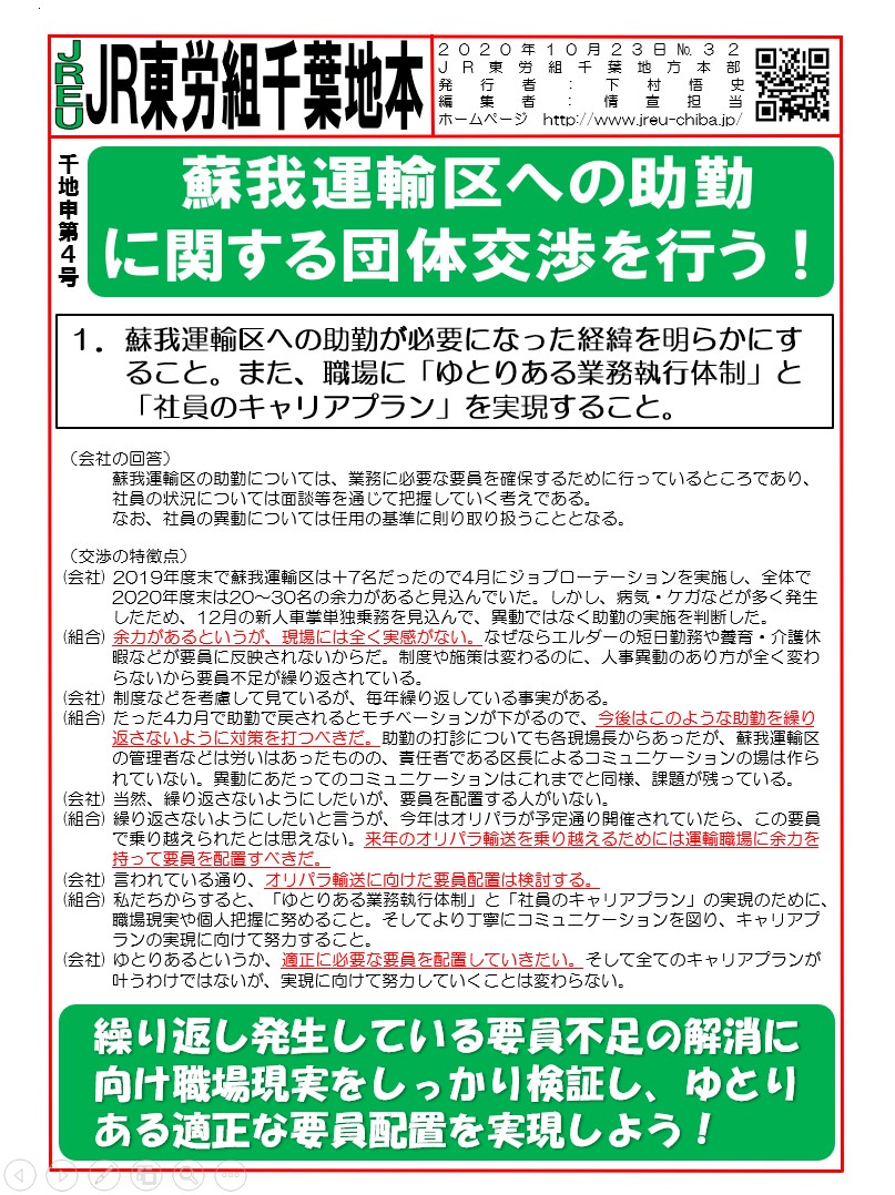 【千葉地本】申4号 蘇我運輸区への助勤に関する団体交渉を行う