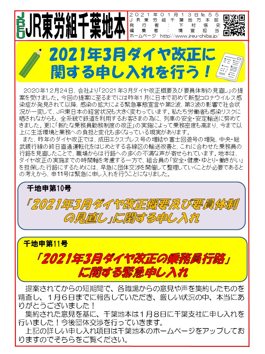 【千葉地本】2021年3月ダイヤ改正に関する申し入れを行う！