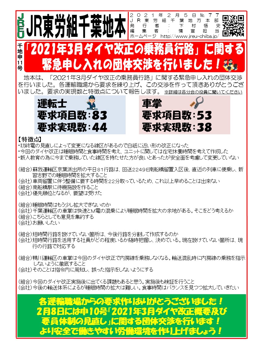 【千葉地本】申11号「2021年3月ダイヤ改正の乗務員行路」に関する緊急申し入れの団体交渉を行いました！