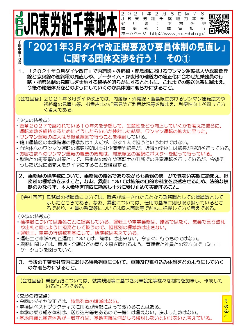 【千葉地本】申10号「2021年3月ダイヤ改正概要及び要員体制の見直し」に関する団体交渉を行う！その①～⑥