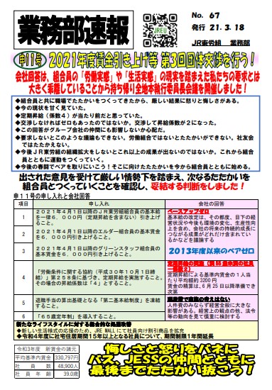 業務部速報NO.６７ 申１１号２０２１年度賃金引き上げ等 第３回団体交渉を行う！