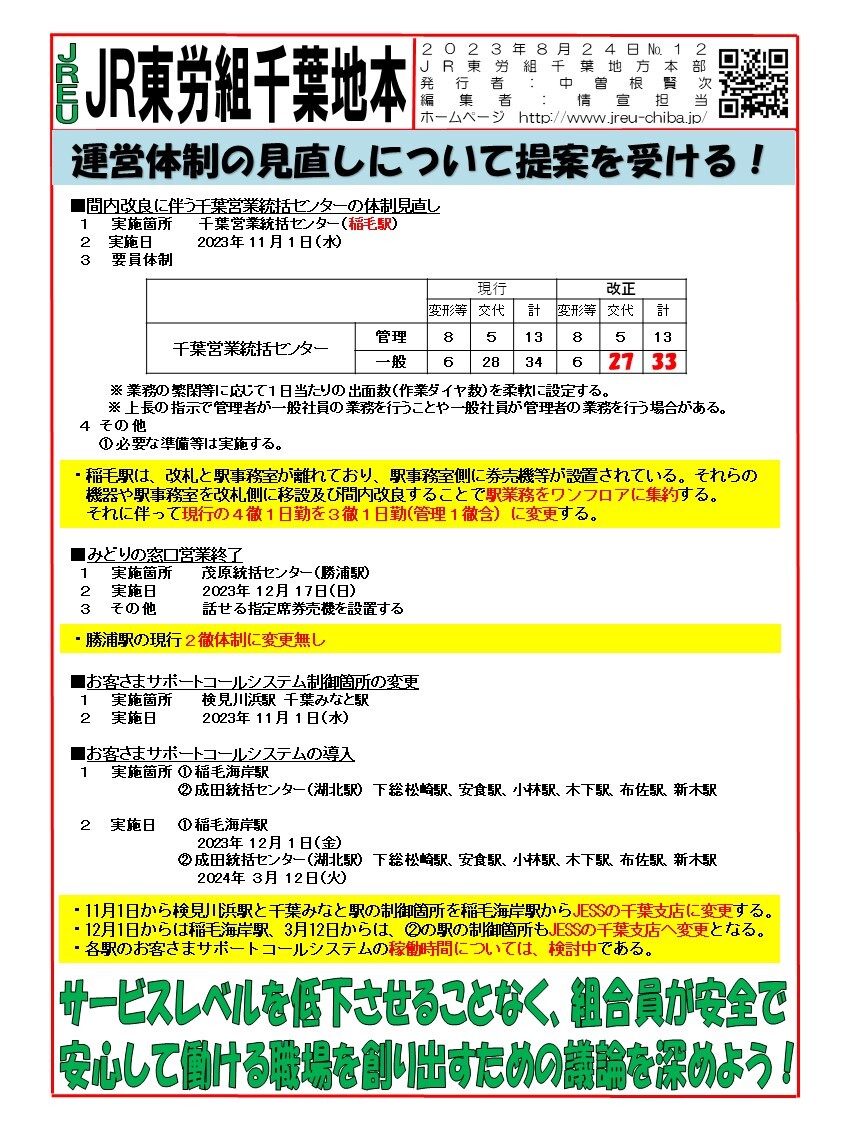 情報第012号　「運営体制の見直し」提案