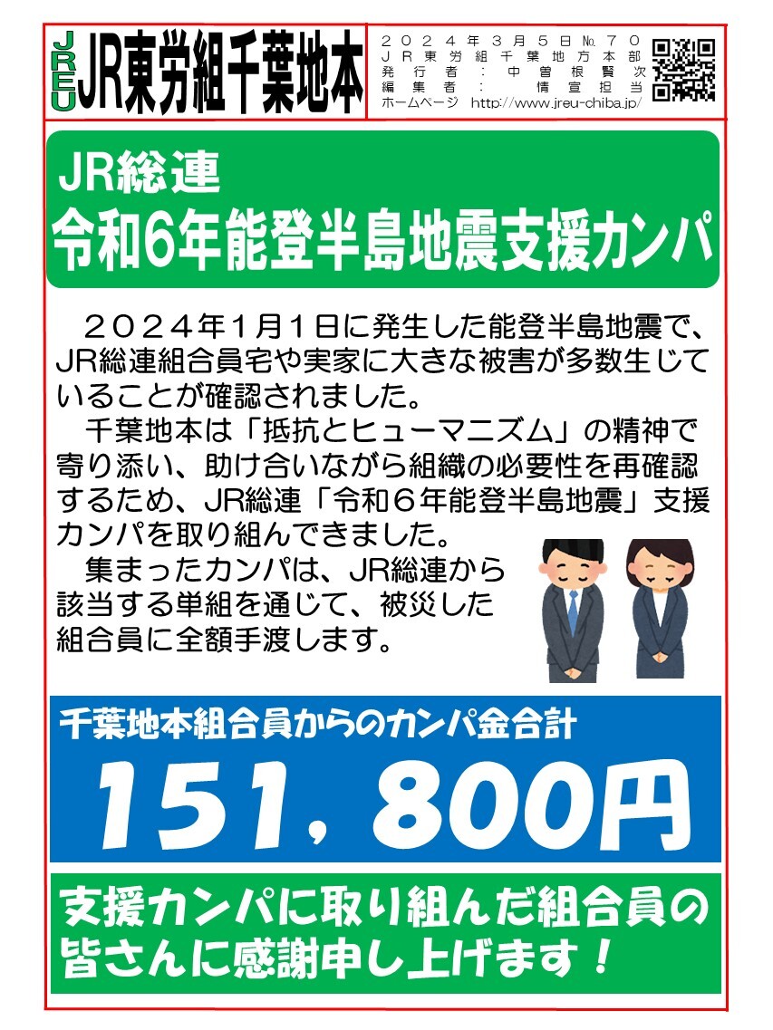 情報第70号　能登半島地震カンパ金にご協力に感謝いたします