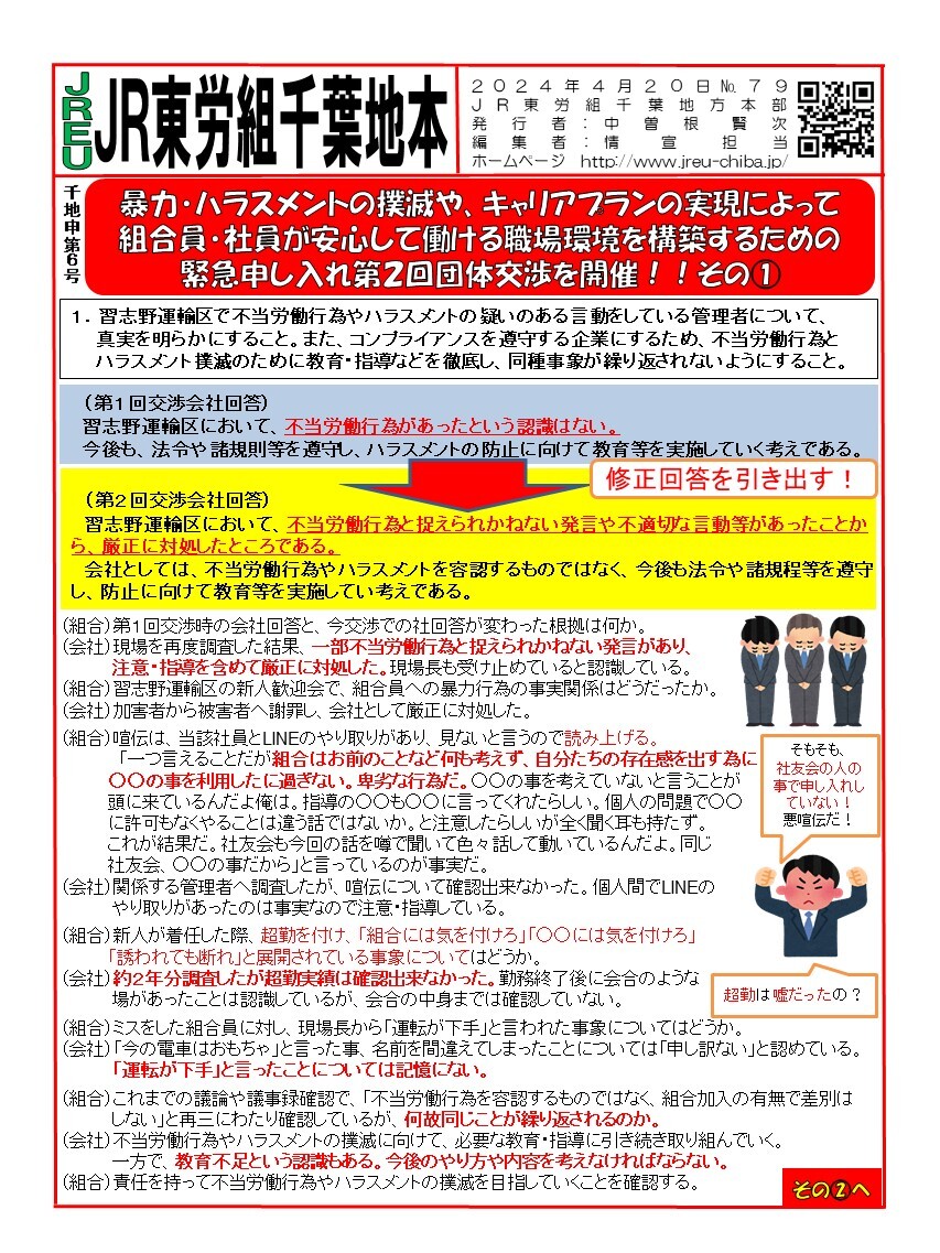 情報第079～080号　申6号「暴力・ハラスメントの撲滅やキャリアプラン実現によって組合員・社員が働ける職場環境を構築するための緊急申し入れ」第２回団体交渉について