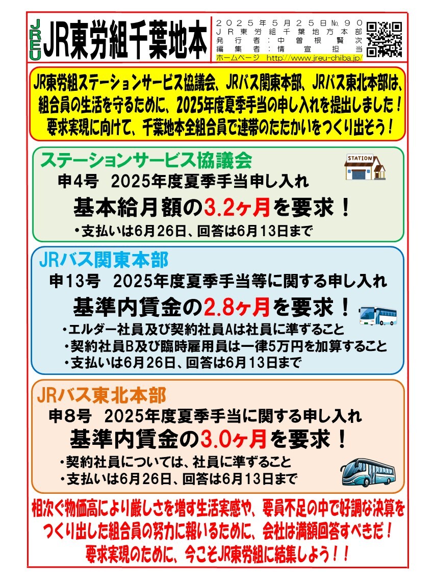 【千葉地本】情報第090号　JR東労組ステーションサービス協議会、JRバス関東本部、JRバス東北本部は、2025年度夏季手当の申し入れを提出！
