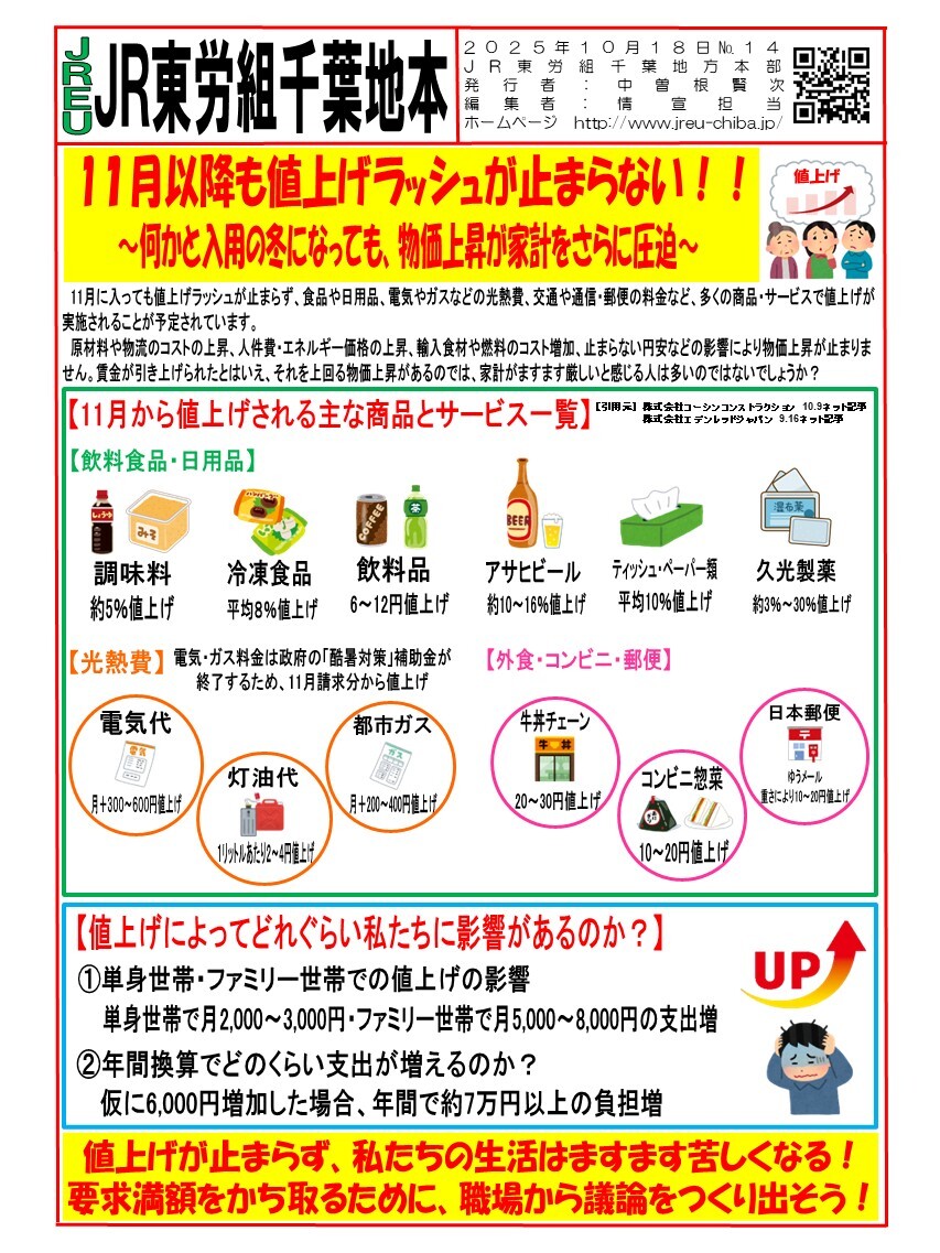 【千葉地本】情報第014号　11月以降も値上げラッシュが止まらない！