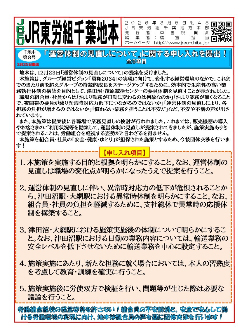 【千葉地本】情報第045号　千地申8号「運営体制の見直しについて」に関する申し入れを提出！