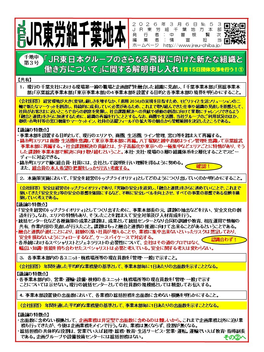 【千葉地本】情報第053~060号　申3号「ＪＲ東日本グループのさらなる飛躍に向けた新たな組織と働き方について」に関する解明申し入れ団体交渉を行う！