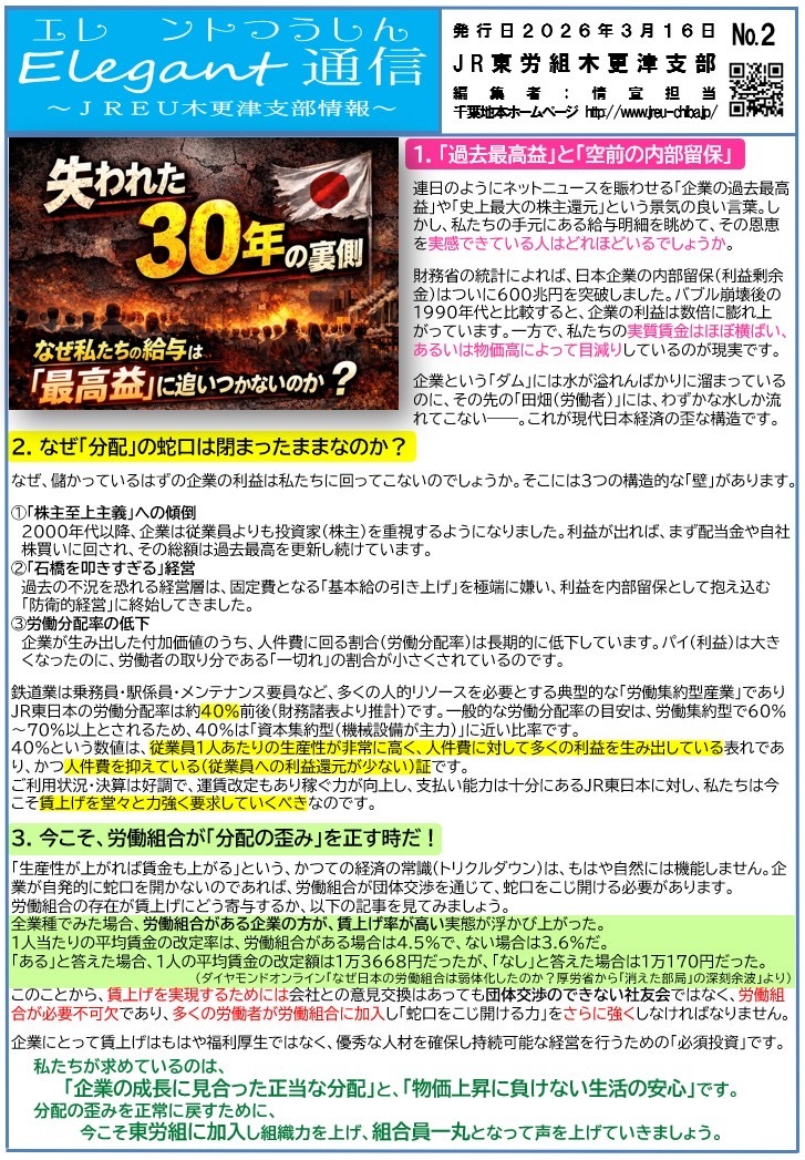 【木更津支部】第２号　失われた３０年の裏側　なぜ私たちの給与は「最高益」に追いつかないのか？