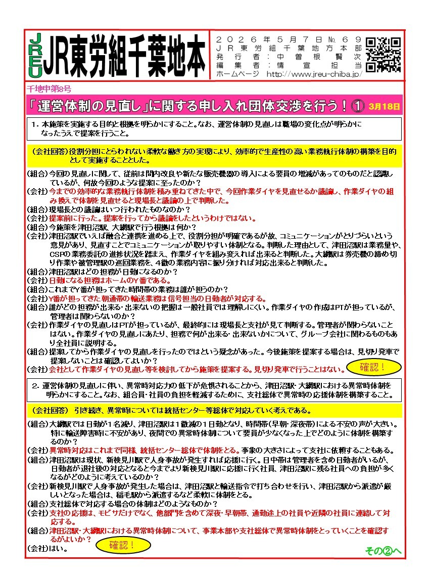 【千葉地本】情報第069~70号　申8号「運営体制の見直し」に関する申し入れ団体交渉を行う！その➀～②