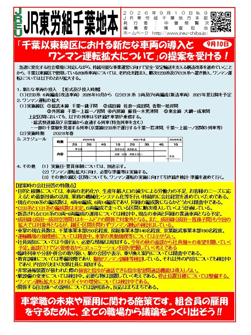 【千葉地本】情報第009号　「千葉以東線区における新たな車両の投入とワンマン運転拡大について」の提案を受ける！